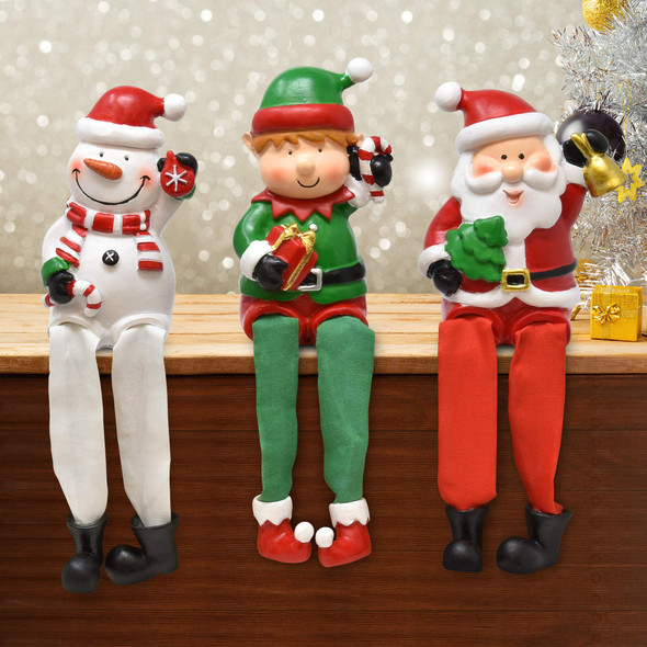 Boutique Christmas Characters Shelf Sitters Santa Snowman Elf Decorations 3 Pack Poly Resin Desk Mantel Table Topper Centerpiece Holiday Sitting Leg Figurines Winter Home Indoor Party Accessories