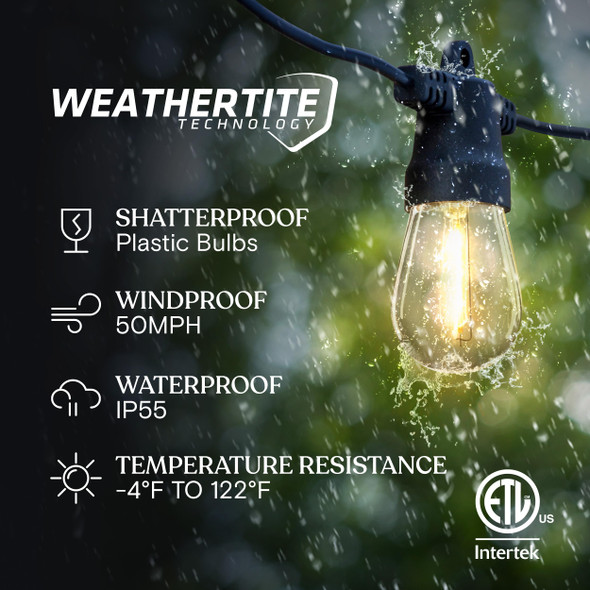 Brightech Ambience Pro Solar Powered Outdoor String Lights, 48 ft Commercial Grade Waterproof Patio Lights, 15 Edison Bulbs, Shatterproof LED String Lights for Outside, Porch - 1W Soft White