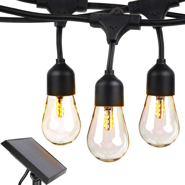 Brightech Ambience Pro Solar Powered Outdoor String Lights, 48 ft Commercial Grade Waterproof Patio Lights, 15 Edison Bulbs, Shatterproof LED String Lights for Outside, Porch - 1W Warm White