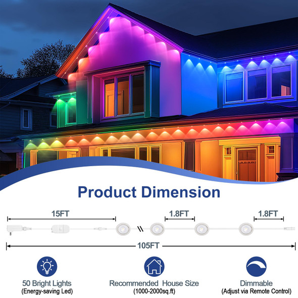 Brightever Permanent Outdoor Lights, RGBW Outdoor Lights 105FT with 50 LED Eaves Lights, IP65 Waterproof Year-Round Outdoor Lighting for Daily, Christmas Decor, 36W Low Voltage Brightever Permanent Outdoor Lights, RGBW Outdoor Lights 105FT with 50 LED Eaves Lights, IP65 Waterproof Year-Round Outdoor Lighting for Daily, Christmas Decor, 36W Low Voltage