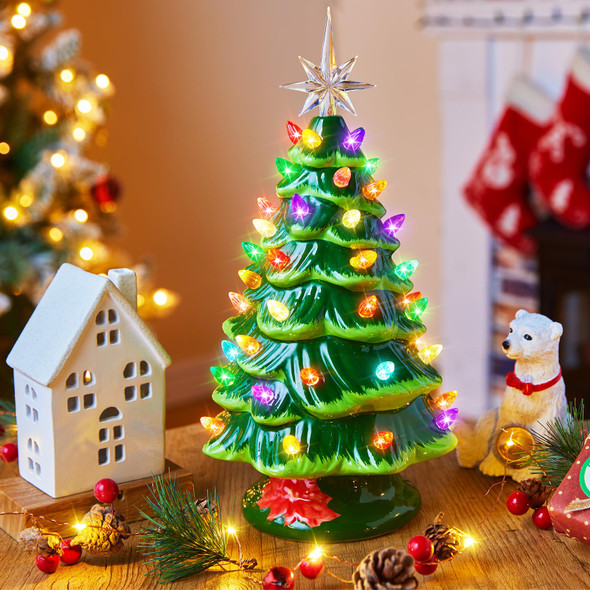 13 Inch Ceramic Christmas Tree, Pre-lit Tabletop Christmas Tree with Multicolored LED Lights and Star Topper, Battery Operated Vintage Lighted Ceramic Tree for Home Office Table Holiday Decorations 13 Inch Ceramic Christmas Tree, Pre-lit Tabletop Christmas Tree with Multicolored LED Lights and Star Topper, Battery Operated Vintage Lighted Ceramic Tree for Home Office Table Holiday Decorations