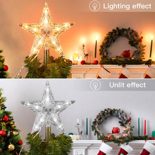 Christmas Tree Topper Lighted Star with Built-in 10 Replaceable Bulbs, 9.5” Clear Five-Pointed Star Tree Topper Plug in for Indoor Office Xmas Year Holiday Tree Decoration, Warm White Christmas Tree Topper Lighted Star with Built-in 10 Replaceable Bulbs, 9.5” Clear Five-Pointed Star Tree Topper Plug in for Indoor Office Xmas Year Holiday Tree Decoration, Warm White