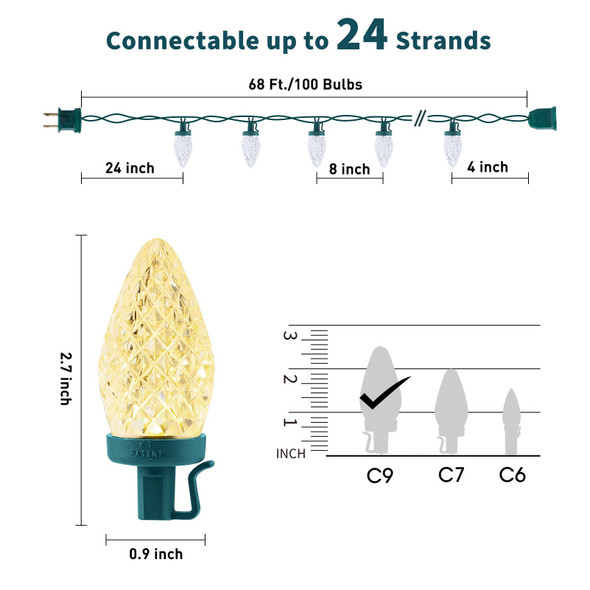 C9 Led Christmas String Lights 68Ft 100 LED with All in One Clips Outdoor Waterproof Strawberry Roof Lights, Commercial Grade Extendable for Indoor Outside Roofline Home Xmas Decoration, Warm White C9 Led Christmas String Lights 68Ft 100 LED with All in One Clips Outdoor Waterproof Strawberry Roof Lights, Commercial Grade Extendable for Indoor Outside Roofline Home Xmas Decoration, Warm White