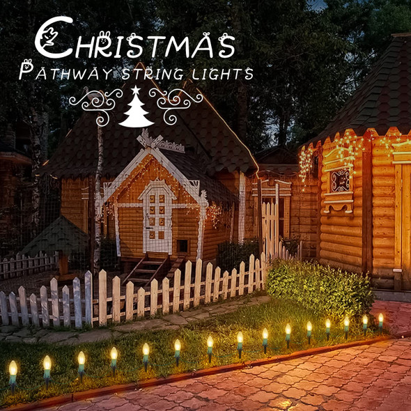 Christmas Pathway String Lights Outdoor - 25.7 Ft. C9 20 Clear Lights with 20 Stakes Connectable Waterproof for Indoor Xmas Party Holiday Commercial Decoration, Warm White Christmas Pathway String Lights Outdoor - 25.7 Ft. C9 20 Clear Lights with 20 Stakes Connectable Waterproof for Indoor Xmas Party Holiday Commercial Decoration, Warm White