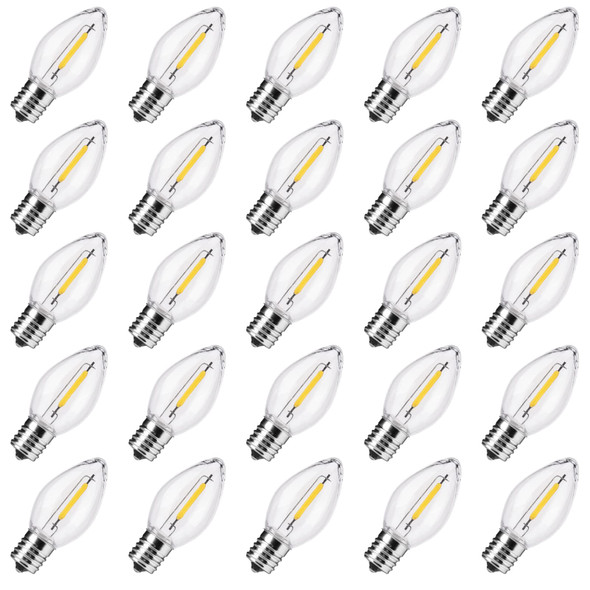 Brightown 25 Pack C7 LED Christmas Light Bulbs, Clear Plastic Night Lights C7 LED Replacement Bulbs for Christmas String Lights, E12 Candelabra Base, Commercial Dimmable Holiday Bulbs, Warm White