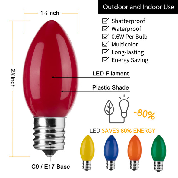 Brightown 25 Pack Multicolor C9 LED Christmas Light Bulbs, Colored Plastic C9 Shatterproof LED Bulbs Replacement for Christmas String Lights, E17 Intermediate Base, Commercial Dimmable Holiday Bulbs Brightown 25 Pack Multicolor C9 LED Christmas Light Bulbs, Colored Plastic C9 Shatterproof LED Bulbs Replacement for Christmas String Lights, E17 Intermediate Base, Commercial Dimmable Holiday Bulbs