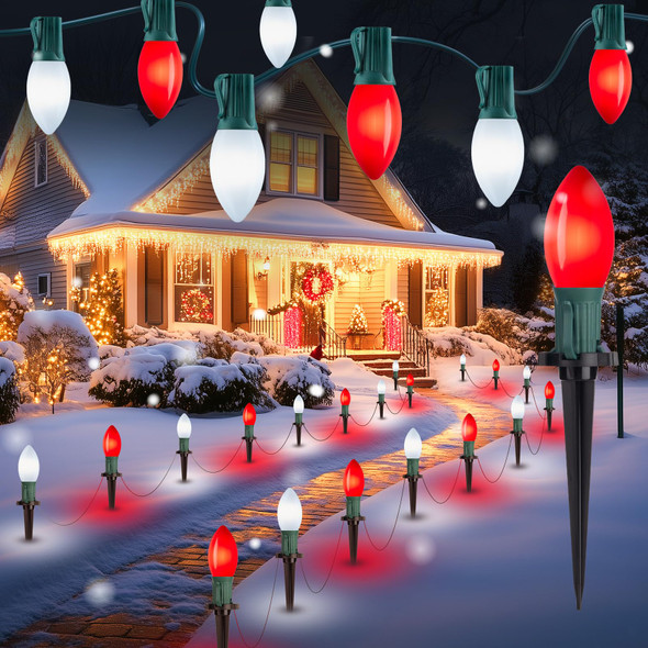 Brightown Frosted C9 LED Christmas Lights Outdoor, 32Ft Christmas Pathway Lights with 25 LED Bulbs and Stakes, Christmas Decorations Outside Driveway Walkway Sidewalk, Red and White Brightown Frosted C9 LED Christmas Lights Outdoor, 32Ft Christmas Pathway Lights with 25 LED Bulbs and Stakes, Christmas Decorations Outside Driveway Walkway Sidewalk, Red and White