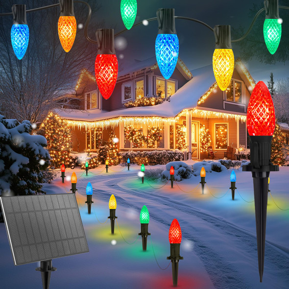 Brightown Solar C9 LED Christmas Lights Outdoor House, 50Ft 40 Faceted Bulbs Christmas Pathway Lights, Waterproof Strawberry Lights for Walkway Driveway Sidewalk Decorations Outside, Multicolor Brightown Solar C9 LED Christmas Lights Outdoor House, 50Ft 40 Faceted Bulbs Christmas Pathway Lights, Waterproof Strawberry Lights for Walkway Driveway Sidewalk Decorations Outside, Multicolor