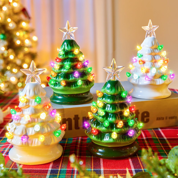 5 Inch Mini Ceramic Christmas Tree Set - 4 Pack Pre-lit Tabletop Christmas Tree with Multicolored LED Lights, Battery Operated Small Lighted Tree for Home Office Table Holiday Decorations 5 Inch Mini Ceramic Christmas Tree Set - 4 Pack Pre-lit Tabletop Christmas Tree with Multicolored LED Lights, Battery Operated Small Lighted Tree for Home Office Table Holiday Decorations