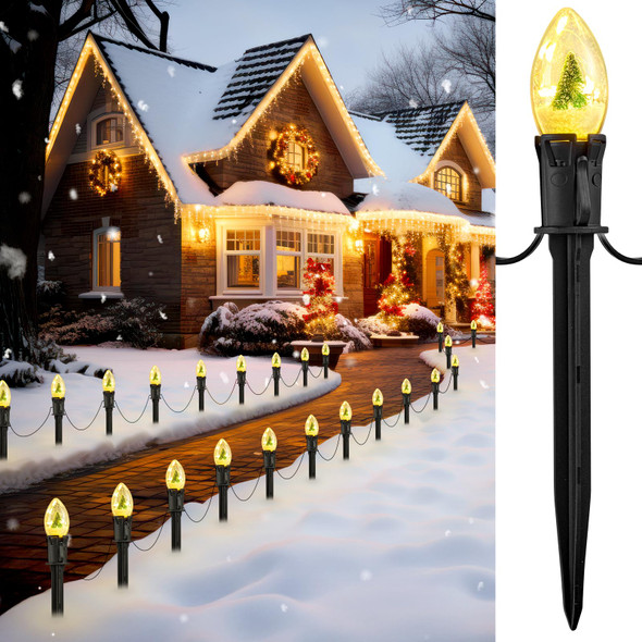 C9 Christmas Pathway Lights Outdoor, 25Ft 20 LED Christmas String Lights with Stakes, 4 Light Modes, Waterproof Connectable Christmas Decorations for Outside Lawn Yard Sidewalk Driveway, Warm White C9 Christmas Pathway Lights Outdoor, 25Ft 20 LED Christmas String Lights with Stakes, 4 Light Modes, Waterproof Connectable Christmas Decorations for Outside Lawn Yard Sidewalk Driveway, Warm White