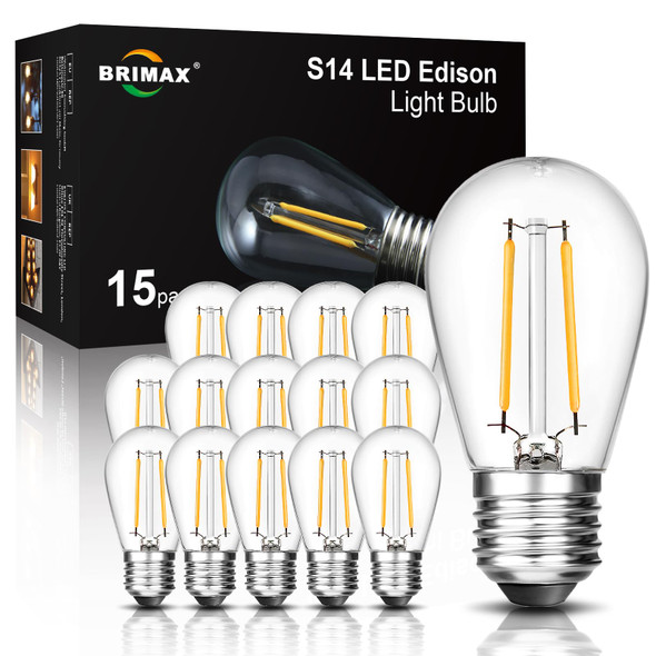 BRIMAX 2w S14 Led Edison Light Bulbs Outdoor 11w Incandescent Filament Bulb Replacement 2700K Bright Warm White Dimmable, E26 Base Durable Led Bulb for Outdoor Patio String Light,15pack BRIMAX 2w S14 Led Edison Light Bulbs Outdoor 11w Incandescent Filament Bulb Replacement 2700K Bright Warm White Dimmable, E26 Base Durable Led Bulb for Outdoor Patio String Light,15pack