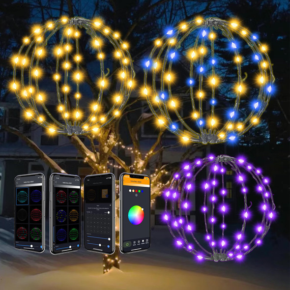 3 Pack Smart RGB Christmas Tree Hanging Decor Lights Outdoor, 12" Dimmer Color Changing Sphere Lights, App & Remote Control, Waterproof Fairy Globe Lights, Light Up Ornaments for Patio Wedding Decor