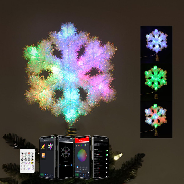 Christmas Star Tree Topper Lights Snowflake, Smart App Remote Control Topper Lighted, LED Color Changing Tree Star Sync with Music, Dimmable, Timer, USB Topper for Xmas Party Décor