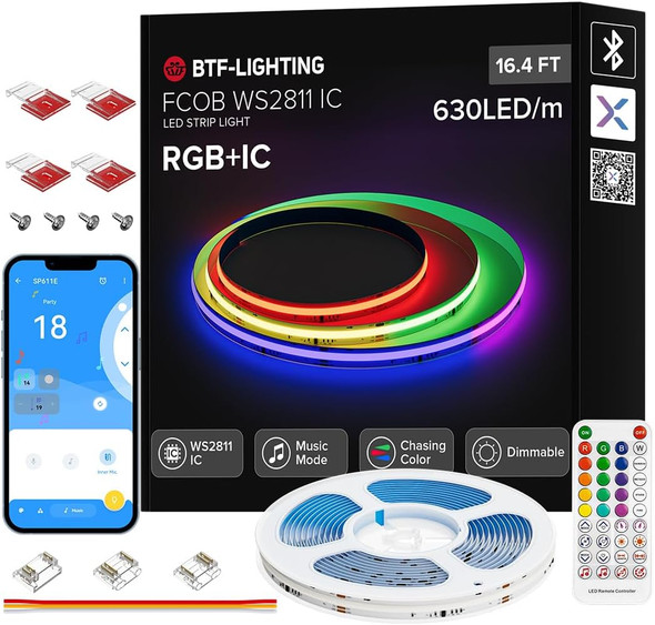 BTF-LIGHTING FCOB WS2811 IC RGB COB LED Strip 16.4FT Chasing Color Tape Light Kit DC24V 630LED/m 10mm Width Dream Color Bluetooth Sync Music Controller for Bedroom, Party, Christmas Decor White PCB BTF-LIGHTING FCOB WS2811 IC RGB COB LED Strip 16.4FT Chasing Color Tape Light Kit DC24V 630LED/m 10mm Width Dream Color Bluetooth Sync Music Controller for Bedroom, Party, Christmas Decor White PCB
