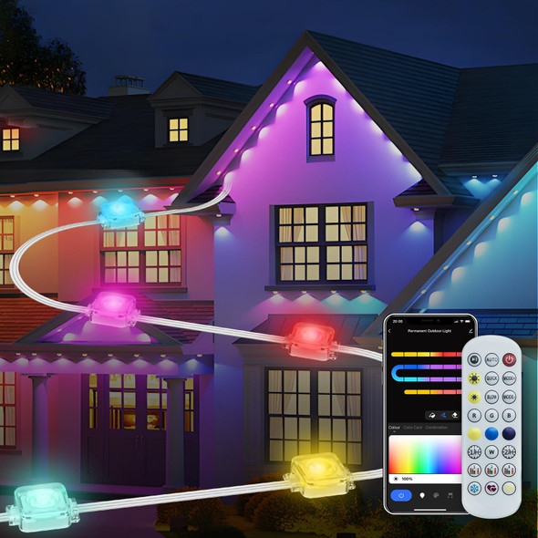 Smart Permanent Outdoor Lights for House, 100ft with 60 Smart RGB+IC LED Eaves Lights, IP67 Waterproof with 54 Scene, for Halloween Christmas All Holiday Decor, Compatible with Alexa, Google Assistant Smart Permanent Outdoor Lights for House, 100ft with 60 Smart RGB+IC LED Eaves Lights, IP67 Waterproof with 54 Scene, for Halloween Christmas All Holiday Decor, Compatible with Alexa, Google Assistant