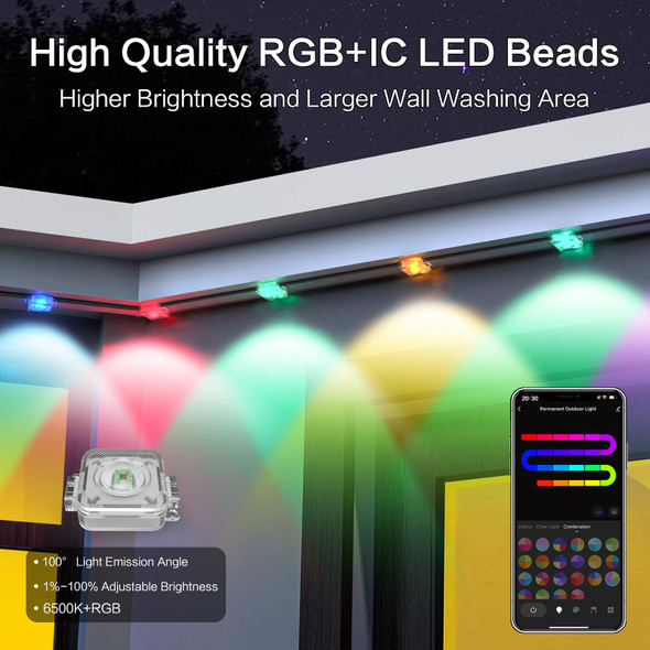 Smart Permanent Outdoor Lights for House, 100ft with 60 Smart RGB+IC LED Eaves Lights, IP67 Waterproof with 54 Scene, for Halloween Christmas All Holiday Decor, Compatible with Alexa, Google Assistant