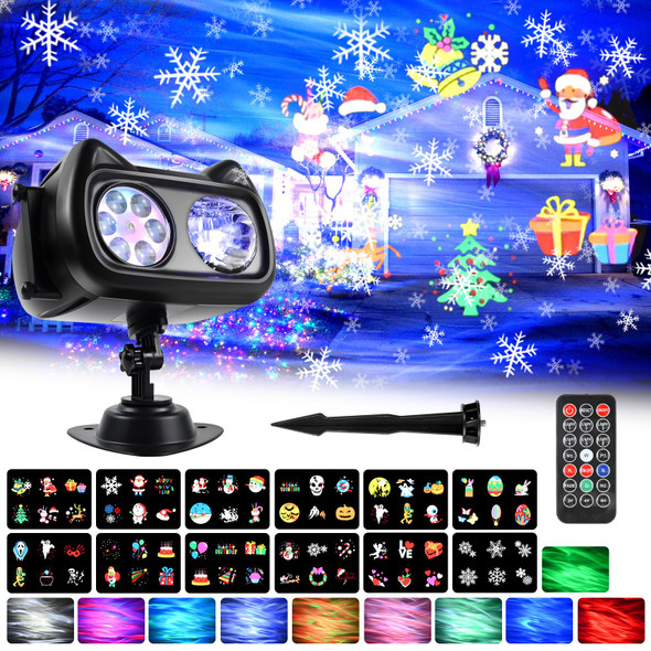 Christmas Projector Lights Outdoor, 2-in-1 Moving Patterns Landscape Lights, 30 HD Effects (3D Ocean Wave) Projection Light for Xmas Halloween Party Garden Decorations