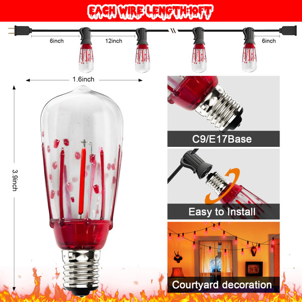 10Ft Halloween LED String Light with Red Blood Tear Drops, Halloween Decorations Lights with 10 ST40 LED Bulbs, Outdoor Halloween Spooky Lights for Patio, Balcony, Party, Halloween Decoration, Black