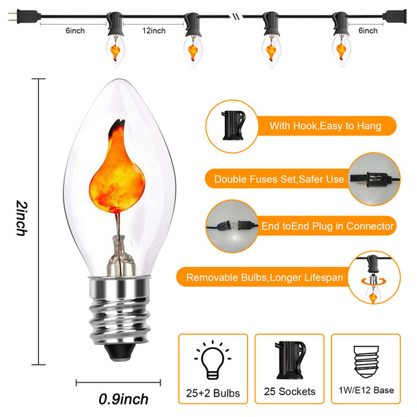 Christmas Decoration Lights - 25FT Flickering Flame String Lights, C7 Clear Flame Christmas Lights with 25 Flame Bulbs for Outdoor Indoor Home Halloween Christmas String Lights, E12 Base, Black Wire Christmas Decoration Lights - 25FT Flickering Flame String Lights, C7 Clear Flame Christmas Lights with 25 Flame Bulbs for Outdoor Indoor Home Halloween Christmas String Lights, E12 Base, Black Wire