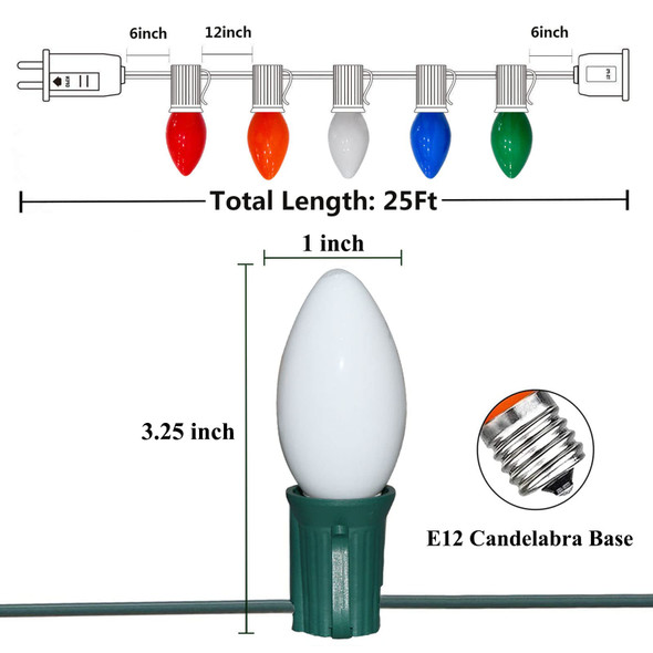 C7 Christmas Lights Outdoor 25Ft Multicolored Christmas Lights with 27 Ceramic Multicolor Light Bulbs(2 Spare), Vintage Colorful Christmas String Lights for Garden Wedding Party Xmas Decorations