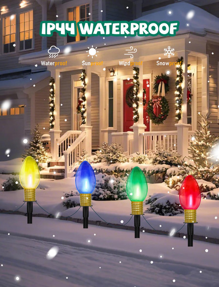 C9 Outdoor Christmas Pathway Lights, Set of 4 Outdoor Lawn Christmas Lights with C9 Clear Multicolored Jumbo LED Bulbs, 7Ft Connectable Marker Stake Lights for Holiday Outside Yard Garden Decor C9 Outdoor Christmas Pathway Lights, Set of 4 Outdoor Lawn Christmas Lights with C9 Clear Multicolored Jumbo LED Bulbs, 7Ft Connectable Marker Stake Lights for Holiday Outside Yard Garden Decor