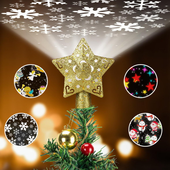Christmas Tree Topper Lighted Star with 4 Pattern Projection Modes, Tree Topper Christmas Decorations Built-in LED Projection Light, 3D Hollow Gold Star Tree Toppers for Christmas Tree Decorations