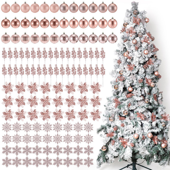 Ceenna 132 Pcs Christmas Tree Ornaments Set Glitter Poinsettia Flowers 2.36 inch Christmas Balls Snowflakes Decorations Artificial Berry Picks for Xmas Tree Wreath, Hooks Included (Rose Gold,Delicate)