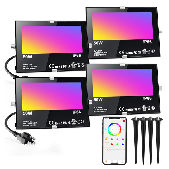 LED Flood Light Outdoor 500W Equivalent 5000LM,Bluetooth RGBW Colored Floodlight Landscape Lighting with APP Control,DIY Scenes,Timing, IP66 Waterproof,2700K,Color Changing Uplight with Ground Stakes LED Flood Light Outdoor 500W Equivalent 5000LM,Bluetooth RGBW Colored Floodlight Landscape Lighting with APP Control,DIY Scenes,Timing, IP66 Waterproof,2700K,Color Changing Uplight with Ground Stakes