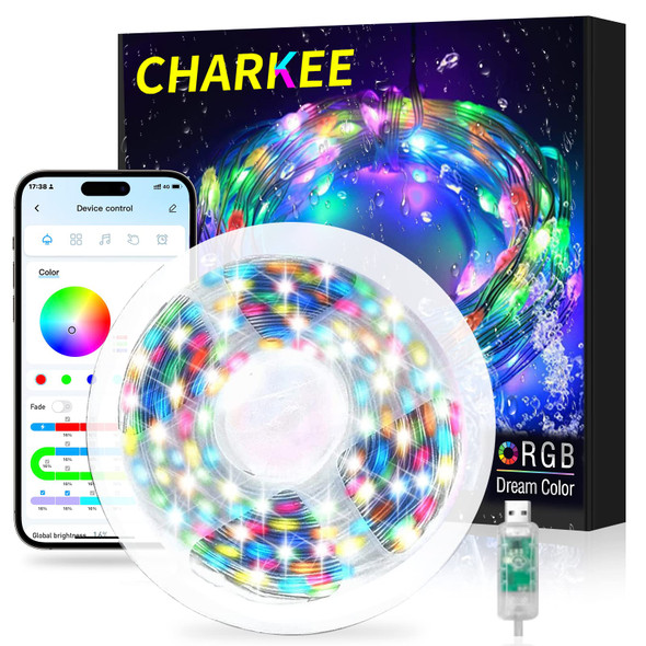 CHARKEE 50ft RGB-IC LED Fairy Lights for Bedroom, 150 LED String Lights Indoor with APP, Twinkle Fairy Lights USB Plug in, Chasing Effect Music Sync Outdoor,Party, Wedding,Christmas Lights Decoration