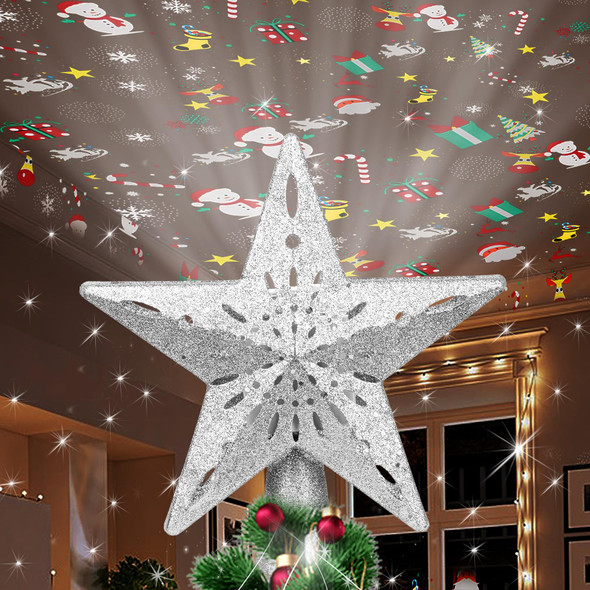 Star Christmas Tree Topper Lighted with 6 Projection Modes - Spark Christmas Decorations Treetop LED Rotating Glitter Decor(Silvery)