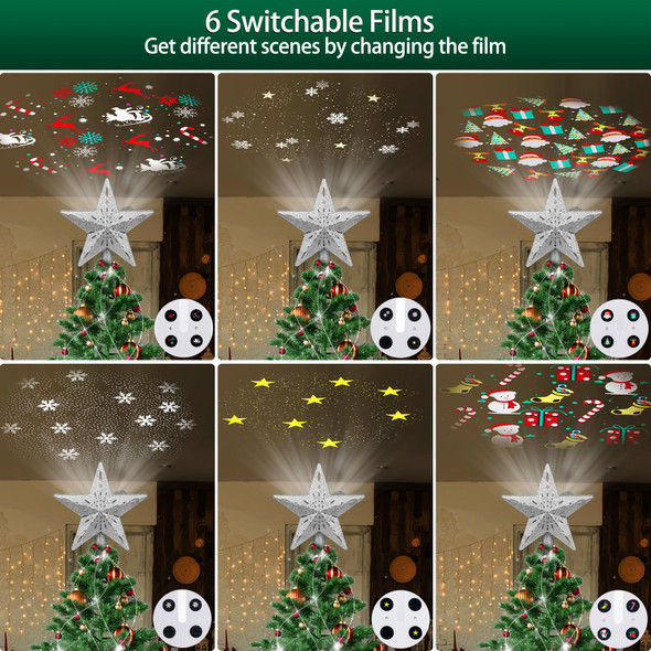 Star Christmas Tree Topper Lighted with 6 Projection Modes - Spark Christmas Decorations Treetop LED Rotating Glitter Decor(Silvery)