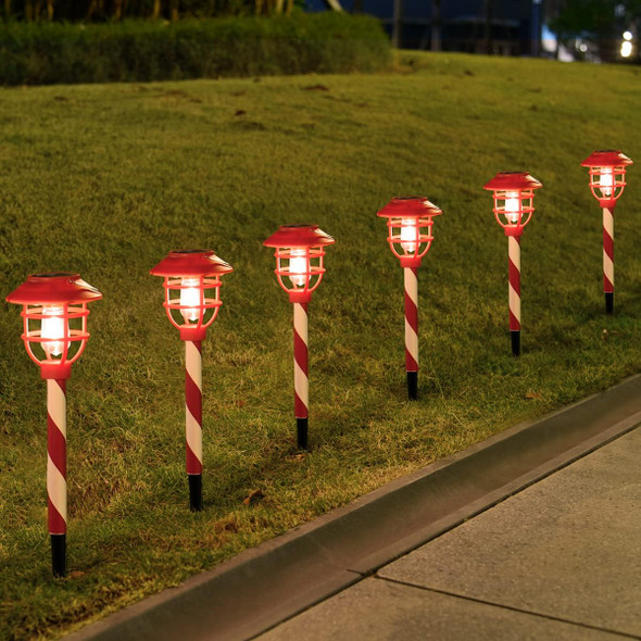 Christmas Solar Landscape Pathway Lights,6 Pack Outdoor Waterproof Decorations Garden Solar LED Candy Cane Stake Markers Lights for Xmas Walkway, Yard, Patio, Lawn, Driveway Decor