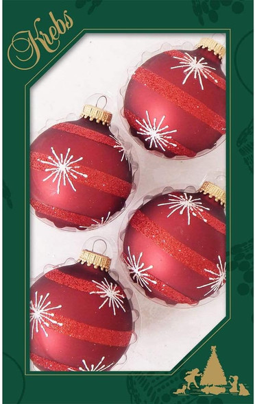 Glass Christmas Tree Ornaments - 67mm/2.63" [4 Pieces] Decorated Balls from Christmas by Krebs Seamless Hanging Holiday Decor (Red Velvet with Starbursts and Stripes)