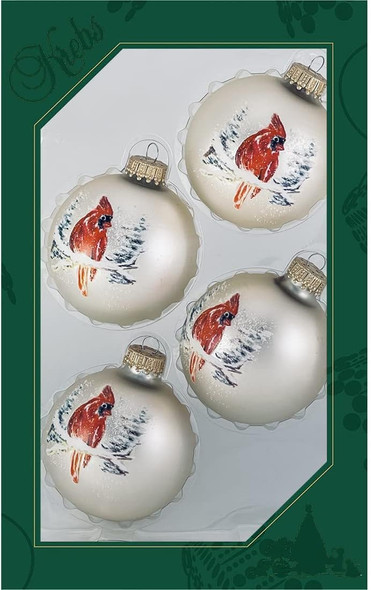 Glass Christmas Tree Ornaments - 67mm/2.625" [4 Pieces] Decorated Balls from Christmas by Krebs Seamless Hanging Holiday Decor (Velvet Oyster with Cardinal)