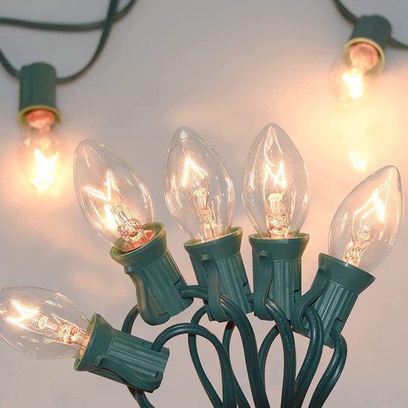 C7 Christmas Lights, 25Ft Outdoor Vintage Christmas Lights- C7 Incandescent Christmas Lights, C7 Light String for Xmas Tree Cafe Wedding Party Patio Decor, Green Wire
