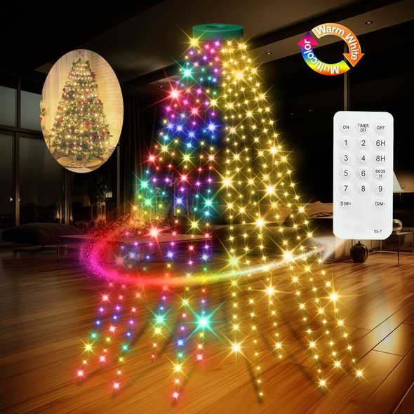 12 Modes Easy Christmas Tree Lights with Ring Indoor Outdoor - 6.56Ft x 12 Lines String 288 LED Timer Dimmable Remote Waterproof Light for 6 7 Ft Xmas Trees (Warm White or Multicolor)