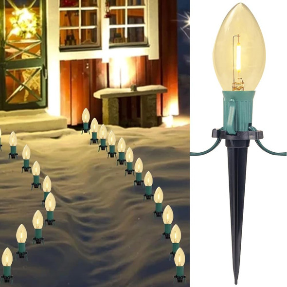 C9 Christmas Pathway Lights, 38FT C9 Christmas Pathway String Lights with 25 Clear LED Light Bulbs and Stakes for Outdoor Walkway Driveway Backyard Christmas Decorations
