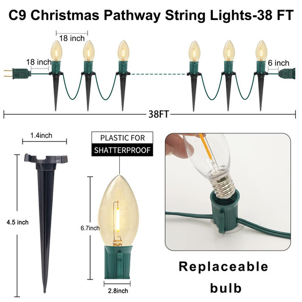 C9 Christmas Pathway Lights, 38FT C9 Christmas Pathway String Lights with 25 Clear LED Light Bulbs and Stakes for Outdoor Walkway Driveway Backyard Christmas Decorations