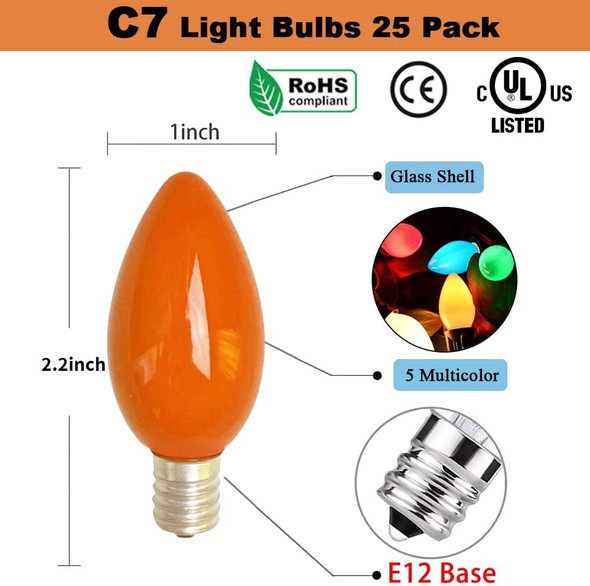 C7 Bulbs C7 Christmas Bulbs 25 Pack C7 Replacement Bulbs Multicolor 5 Watt C7 Night Light Bulb C7/E12 Candelabra Base Waterproof for Indoor Outdoor Holiday Christmas Decor Multicolor