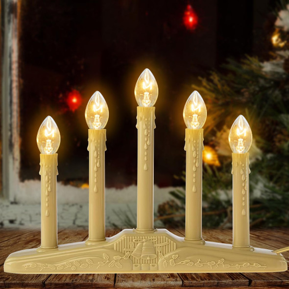 5 Lights Electric Window Candles,Flameless Christmas Candle Lights with C7 Clear Bulbs, Plug in Electric Candles for Indoor Window Table Party Christmas Decorotions, Ivory