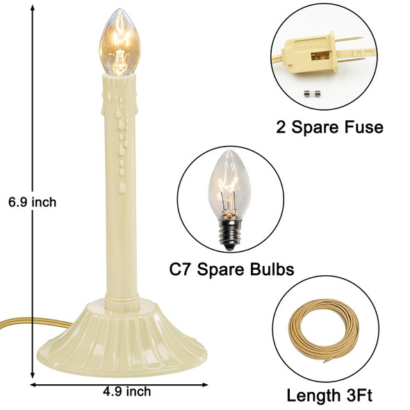 1 Light Christmas Window Candle,2 Pack Flameless Electric Christmas Candle Lights with 4 C7 Clear Bulbs(2 Spare), Plug in Electric Candles for Indoor Window Table Party Christmas Decorotions, Ivory