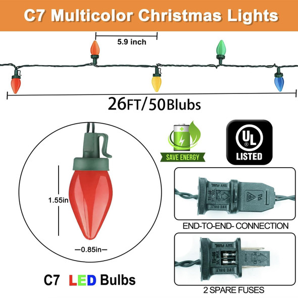C7 Christmas LED String Lights - 26Ft LED Vintage Multicolor Lights with 50 LED Colorful Bulbs, Outdoor String Lights for Christmas Party Backyard Wedding- Green Wire C7 Christmas LED String Lights - 26Ft LED Vintage Multicolor Lights with 50 LED Colorful Bulbs, Outdoor String Lights for Christmas Party Backyard Wedding- Green Wire