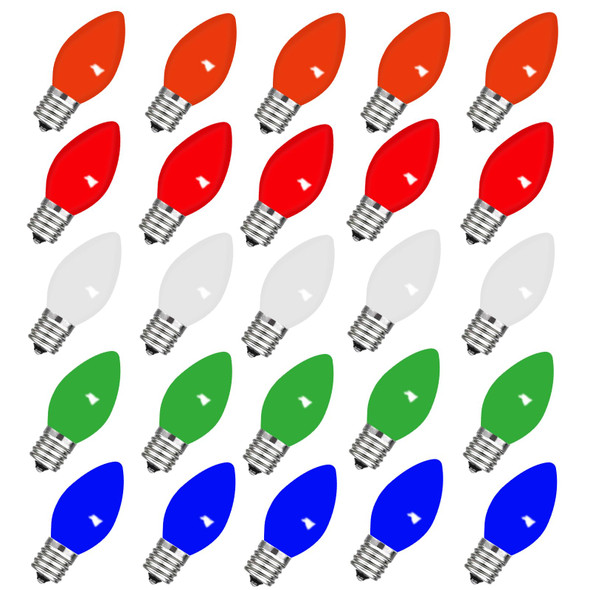 25 Pack C9 Replacement Christmas Light Bulbs, 0.6 Watt C9 Multicolor Ceramic LED Light Bulbs for Christmas Indoor Outdoor Patio Halloween Party String Lights, C9/E17 Candelabra Base 25 Pack C9 Replacement Christmas Light Bulbs, 0.6 Watt C9 Multicolor Ceramic LED Light Bulbs for Christmas Indoor Outdoor Patio Halloween Party String Lights, C9/E17 Candelabra Base