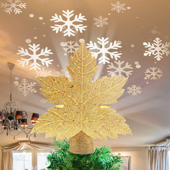 Christmas Tree Topper Lighted Star with Snowflake Projector, 3D Hollow Sparkling Star Christmas Tree Topper with Rotating Magic Gold Snowflake Projector for Christmas Tree Ornament Decorations