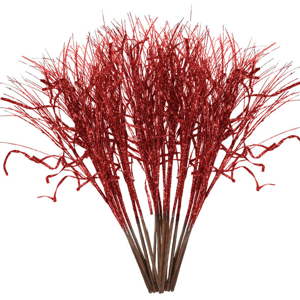 Christmas Glitter Curly Tree Picks Wispy Willow Stem Glittered Twigs Decor Wreath Garland Floral Arrangement Glitter Stems for Xmas Tree Decor(Red,24 Pcs)