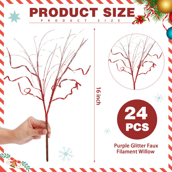 Christmas Glitter Curly Tree Picks Wispy Willow Stem Glittered Twigs Decor Wreath Garland Floral Arrangement Glitter Stems for Xmas Tree Decor(Red,24 Pcs)