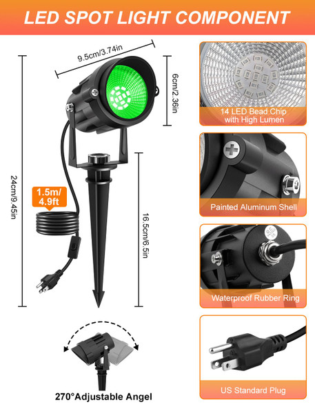 Halloween Green Landscape Lights Outdoor, 14 LED Landscape Lighting with US Plug, IP65 Waterproof Spotlights for Tree Yard Garden Pathway Christmas St. Patrick's Day Decor 2 Pack