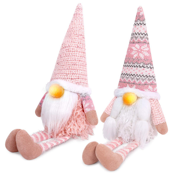 D-FantiX Pink Christmas Valentine Gnomes Decorations, 2Pack Handmade Swedish Tomte Gnome with LED Lighting Nose Scandinavian Figurine Pink Gnomes Plush Elf Valentines Day Decor Long Leg