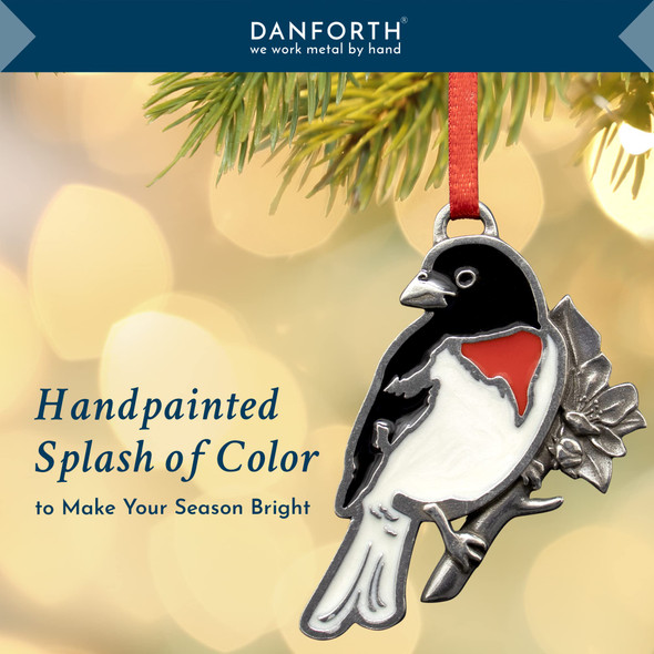 DANFORTH - Rose Breasted Grosbeak Ornament, Decorative Black, White and Red Bird, Hanging Pewter Christmas Tree Accessory, Colorful Bird Collectors for Parents, Made in USA, 2” High by 1” Wide