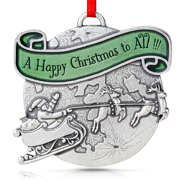 DANFORTH - ‘A Happy Christmas’ Ornament Detailed Pewter with Green Sash, Hanging Christmas Tree Decoration, Santa’s Reindeer Collectors , Made in USA, Measures 2” Tall by 2 ¼” Wide